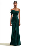 One Shoulder Sheath Pleated Dark Green Long Formal Dress