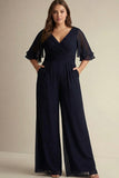 Navy Short Sleeve Plus Size Mother of the Bride Jumpsuit