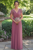 Dusty Rose A-Line Sequined Short Sleeves Chiffon Long Mother of the Bride Dress