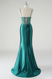 Dark Green Ruched Corset Satin Slit Mermaid Prom Dress with Lace-up Back