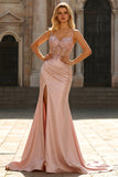 Mermaid Ruched Corset Satin Blush Prom Dress with Appliques