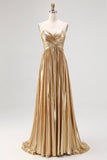 Pleated A Line Metallic Satin Gold Prom Dress