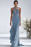 Halter Terracotta Chiffon Ruffles Sheath Red Gala Dress