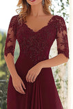 Burgundy Lace Appliqued A Line Chiffon Long Mother Of the Bride Dress