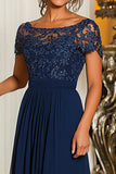 Chiffon A-Line Navy Mother Of the Bride Dress with Appliques