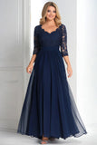 Elegant Navy A-Line Chiffon Mother Of the Bride Dress with 3/4 Sleeves