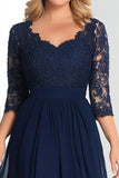 Elegant Navy A-Line Chiffon Mother Of the Bride Dress with 3/4 Sleeves