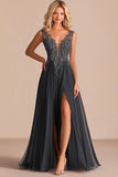 Charcoal A Line V-Neck Appliqued Mother of the Bride Dress with Slit
