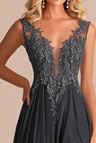 Charcoal A Line V-Neck Appliqued Mother of the Bride Dress with Slit