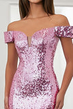 Sparkly Off the Shoulder Pink Mermaid Sequin Long Prom Dress