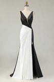 Mermaid Black&White Deep V Neck Long Gala Dress