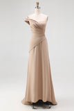 Light Khaki One Shoulder Sheath Pleated Satin Gala Dress
