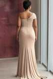 One Shoulder Light Khaki Sheath Ruched Plus Size Formal Dress