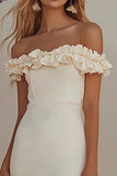 White Off The Shoulder Sheath Floor Length Wedding Dress