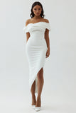 White Sheath Off the Shoulder Satin Engagement Dress