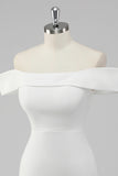 Simple Sheath Off the Shoulder Satin Short White Graduation Dress