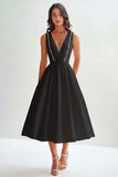 Satin A Line V Neck Midi Graduation Dress