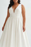 Elegant A Line White V Neck Plus Size Graduation Dress