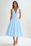 Satin A Line V Neck Midi Graduation Dress