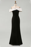 Off the Shoulder Black Matte Satin Mermaid Formal Dress