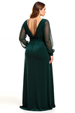 Long Sleeve V-Neck Plus Size Pine Velvet Formal Dress With Slit