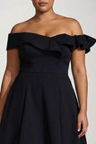 Off the Shoulder Black A Line Ruffled Plus Size Formal Dress