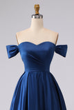 Off the Shoulder Navy Satin A Line Evening Dress