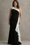 One Shoulder Plus Size Mermaid Black Tie Dress with Ruffles