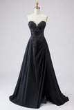 Black A Line Strapless Plus Size Appliqued Prom Dress