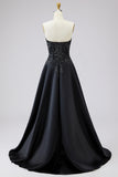 Black A Line Strapless Plus Size Appliqued Prom Dress