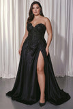 Black A Line Strapless Plus Size Appliqued Prom Dress