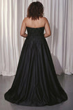 Black A Line Strapless Plus Size Appliqued Prom Dress