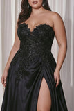 Black A Line Strapless Plus Size Appliqued Prom Dress