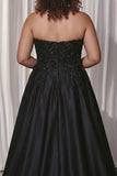 Black A Line Strapless Plus Size Appliqued Prom Dress