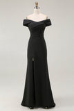 Off The Shoulder Mermaid Long Black Tie Dress With Slit