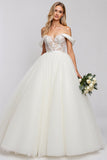 Ivory Off The Shoulder Ball-Gown Lace Tulle Wedding Dress