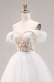Ivory Off The Shoulder Ball-Gown Lace Tulle Wedding Dress