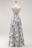 Blue Flower A Line Ruffle Prom Dress With Slit