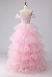 Off the Shoulder Pink Tiered Princess Beaded Prom Dress
