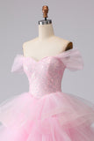 Off the Shoulder Pink Tiered Princess Beaded Prom Dress