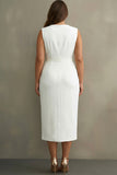 White Plus Size V-Neck Midi Formal Dress with Sash