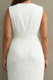 White Plus Size V-Neck Midi Formal Dress with Sash