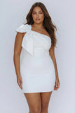 One Shoulder White Plus Size Bodycon Graduation Dress with Bow