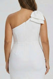 One Shoulder White Plus Size Bodycon Graduation Dress with Bow