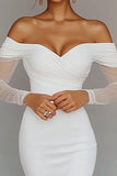 Bodycon White Ruched Off the Shoulder Graduation Dress
