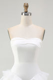 Cute White Strapless Ruffled A Line Mini Dress