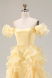 Yellow A-Line Off The Shoulder Prom Dress With Ruffles