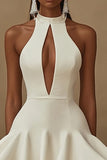 White A Line Satin Cut Out Ruffled Graduation Dress