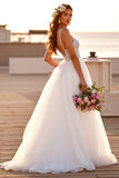 White Lace A Line Wedding Dress with Slit
