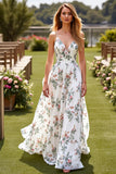 White Floral A Line Spaghetti Straps Wedding Dress